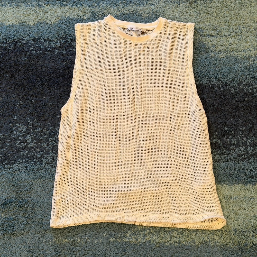 Zara White Mesh Knit Tank Top Size Small Swimsuit Cover Up Fishnet Crochet